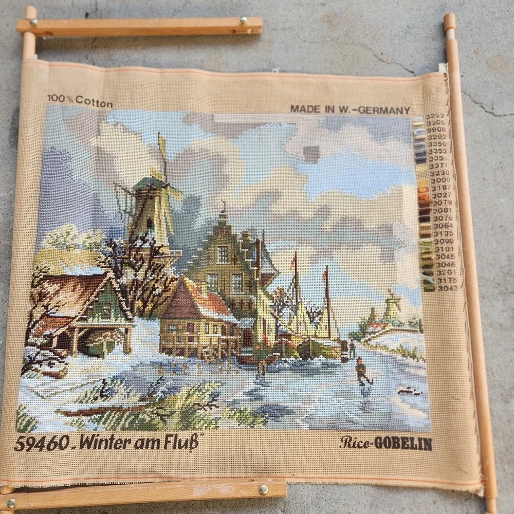 Vtg Needlepoint Tapestry Wiehler GOBELIN Germany Winter Am Flub 24